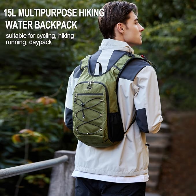 BOVIP Lightweight Hydration Back,15L Multipurpose Hiking Backpack with 1.5L Water Bladder ,Hydro Water Daypack for Cycling Hiking Rave for Men Women