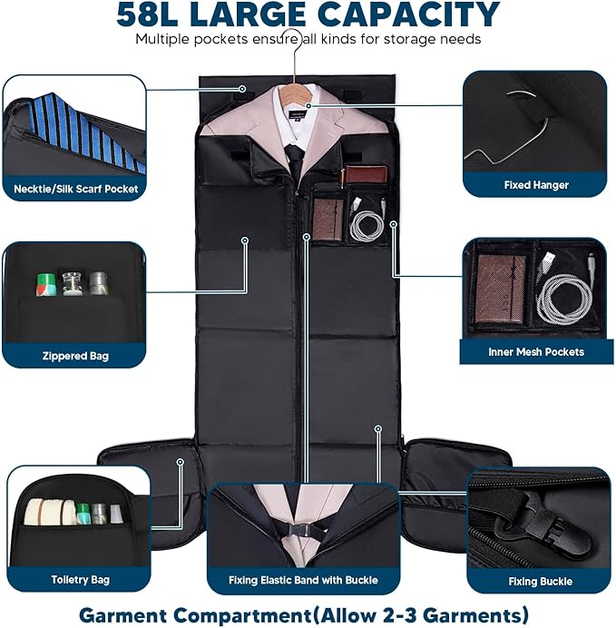Garment Bags for Travel,Convertible Garment Bag with Shoulder Strap, 4 in 1 Suit Bag Travel with Shoes Foldable 58L Garment Bags for Men Women Garment Duffel Bags for Hanging Clothes,Grey