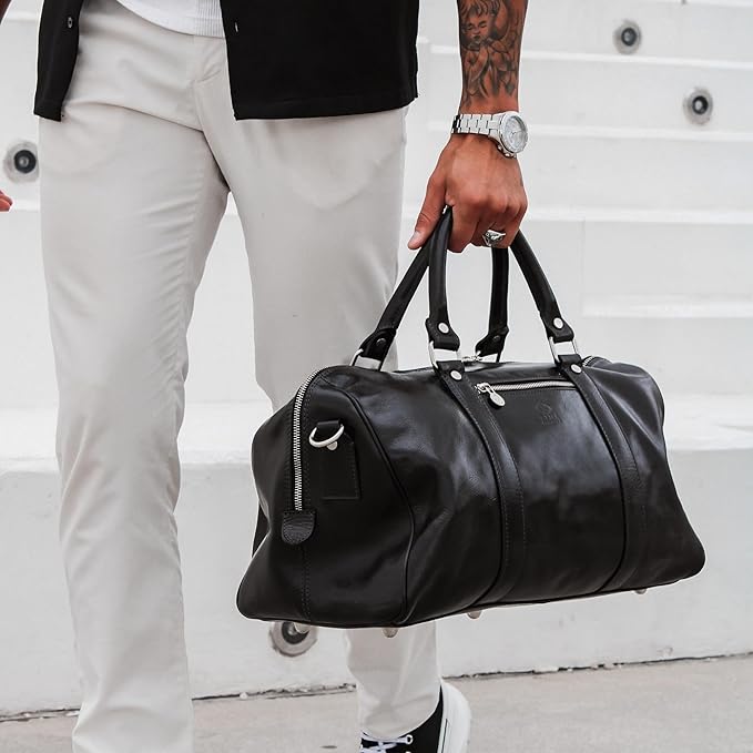 Full Grain Leather Small Duffel Bag Gym Bag Weekender Overnight Unisex Brown - Time Resistance