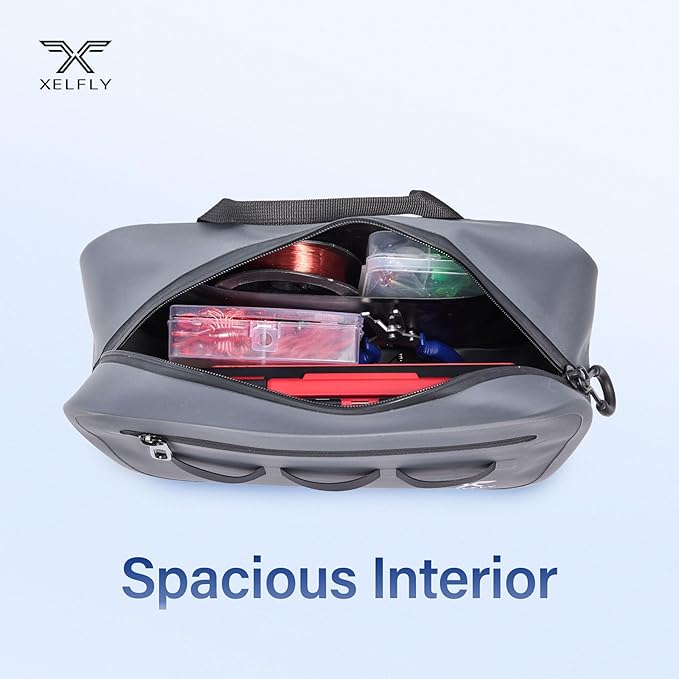 Xelfly Waterproof Fishing Waist Bag with Rod Holder, Padded Waist Straps & Gear Loops - Submersible Zipper, Rugged Top Handle, Adjustable Attachments (Gray)