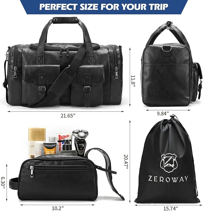 Zeroway PU Leather Travel Duffel Bag with Laundry Bag, Weekender Overnight bag Luggage Carry-On Bag with Shoe Pouch for Men or Women Black
