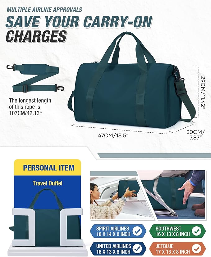 Gym Duffle Bag for Women Carry on Luggage Travel Essentials Airline Approved Personal Item 18x14x8 Inches Lightweight Weekender Sports Travel Duffel Bag with Shoe Compartment Wet Pocket PeacockBlue