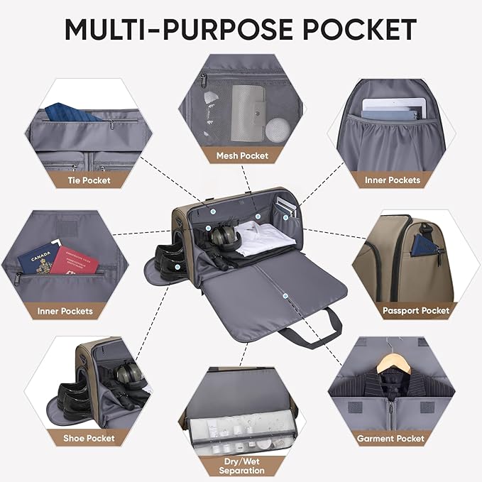 BALEINE Convertible Travel Garment Bag, Travel Suit Bag for Men, 2 in 1 Carry on Garment Bag for Hanging Clothes, Garment Duffel Bag for Travel Business (Brown)