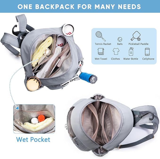 Tennis Backpack with 2 Rackets Holder, Water-Resistant PU Leather Tennis Racket Bag for Women & Men, Sling Crossbody Sports Backpack for Tennis, Pickleball & Badminton, Tennis Gifts