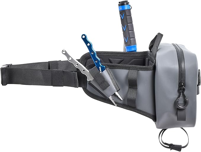 Xelfly Waterproof Fishing Waist Bag with Rod Holder, Padded Waist Straps & Gear Loops - Submersible Zipper, Rugged Top Handle, Adjustable Attachments (Gray)