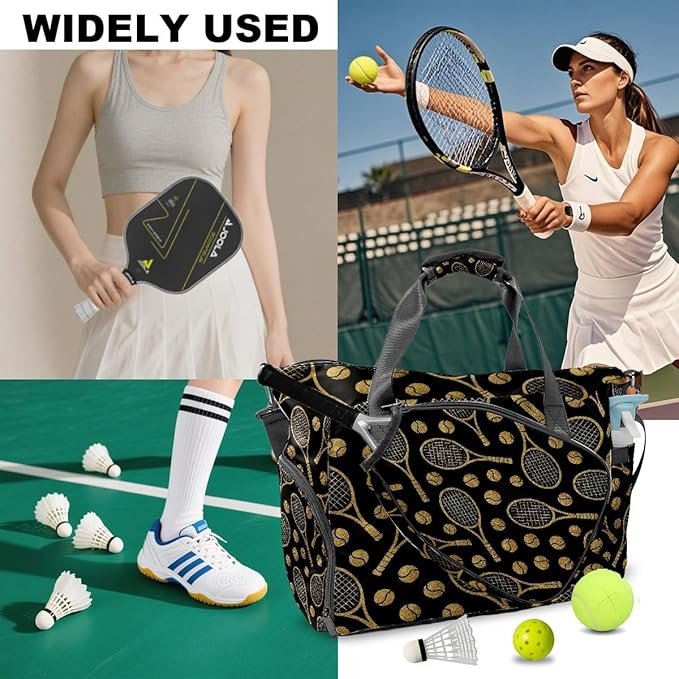 Luxury Racket Black Gym Bag for Women & Tennis Bag, Large Sports Duffel Bag Waterproof with Ventilated Shoe Compartment & Front Racket Sleeve, Lightweight Travel Weekender Overnight Bag
