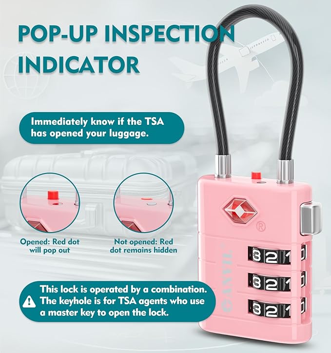ANVIL TSA Approved Luggage Locks – High Security TSA008 Combination Travel Locks with Inspection Indicator for Suitcases and Backpacks. (2, Pink)
