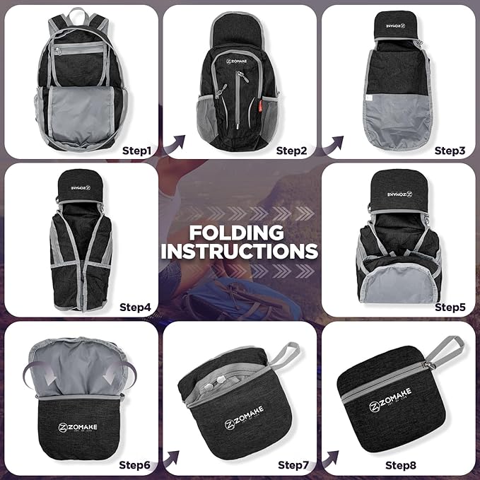 ZOMAKE Ultra Lightweight Packable Backpack 10L,Small Foldable Backpacks Hiking Water Resistant Collapsible Daypack for Women Men(Black-C1)