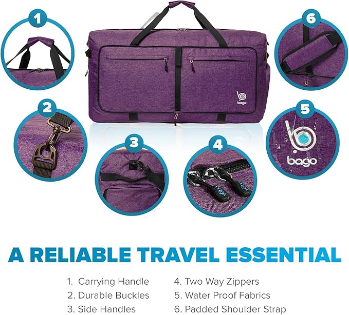 Bago Large Foldable Duffel Bags for Traveling Women & Men - 100L Packable Duffle Bag for Travel with Shoe Compartment - Water Repellant, Heavy Duty, Lightweight Folding & Collapsible (SnowDepPurple)