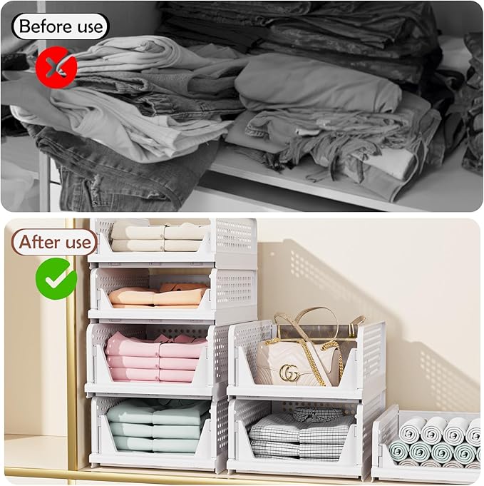 4 Pack Folding Closet Organizers Storage Box, Stackable Storage Bins, Plastic Drawer Basket Closet Storage for Wardrobe Cupboard Kitchen Bathroom Office White-4L