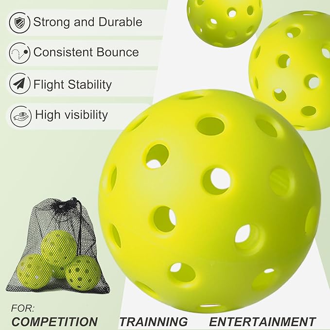 4 Pack Outdoor Pickleball Balls with Mesh Bag, Premium Pickle Balls with High Visibility, Consistent Flight & Reliable Bounce, 40 Holes Outdoor Pickleballs for Every Skill Level