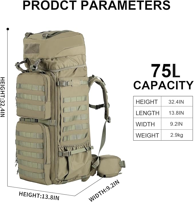 Zsearaymy 75L Hiking MOLLE Backpack with Internal Frame & Rain Cover for Tactical, Camping, Backpacking, Survival Travel (OD.Green)