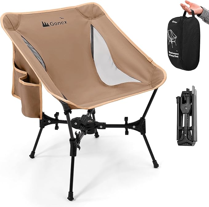 Gonex Portable Camping Chair, The 5th Gen Ultralight Compact Backpacking Foldable Lightweight Folding Chair for Outdoor Camp Hiking Beach Picnic Concert, Supports 330lbs (Khaki, 1 PCS)