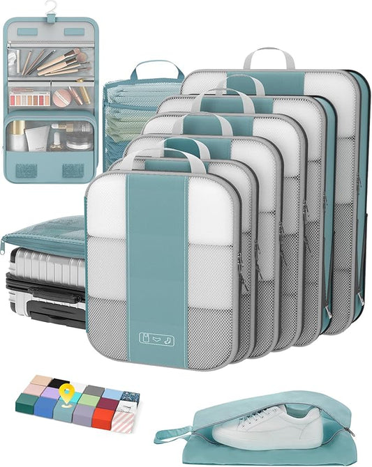 10 Set Compression Packing Cubes for Travel Essentials,Compressible Expandable Packing Cubes for Suitcase,OlarHike Luggage Organizer Bags for Travel,Handy Helper for Organizing Clothes(Blue Gray)