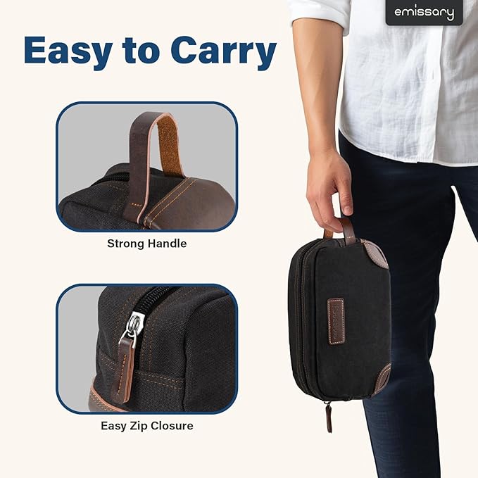 emissary Men's Toiletry Bag, Leather and Canvas Travel Toiletry Bag, Dopp Kit for Men, Travel Bathroom Bag Men's Shaving Kit, Travel Kit Small Bags for Men, Shaving Bag for Travel Accessories (Black)