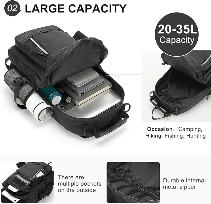 35L Fishing Backpack with Rod Holder, Waterproof Tackle Sling Crossbody Bag with Multi Pocket for Fishing Camping Hunting Hiking, Black