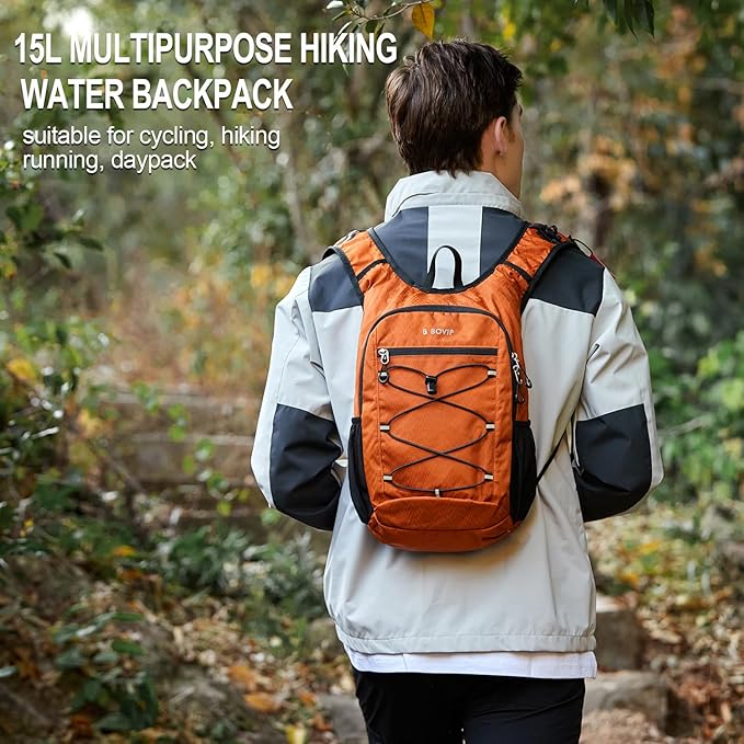 BOVIP Lightweight Hydration Back,15L Multipurpose Hiking Backpack with 1.5L Water Bladder ,Hydro Water Daypack for Cycling Hiking Rave for Men Women