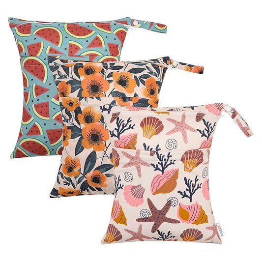 ALVABABY 3pcs Cloth Diaper Wet Dry Bags Waterproof Reusable with Two Zippered Pockets Travel Beach Pool Daycare Soiled Baby Items Yoga Gym Bag for Swimsuits or Wet Clothes 3L-ZM17A