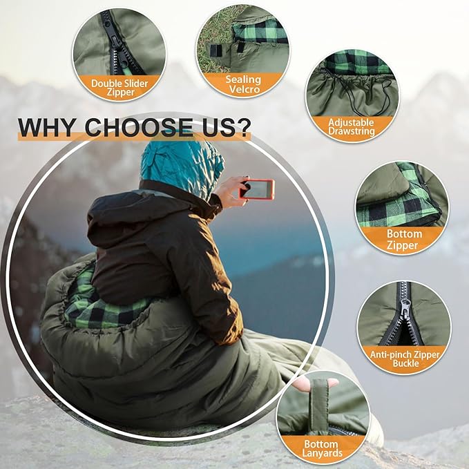 0 Degree Sleeping Bag 100% Cotton Flannel XXL Cold Weather Winter Oversized Sleeping Bag for Adults Camping Zero Degree Big and Tall with Compression Sack