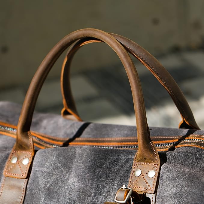 Polare 23” Waterproof Travel Duffel Bag Waxed Canvas Cowhide Leather Trim Luggage for Gym 55L Weekender Overnight Carry on Bag (Grey-23")