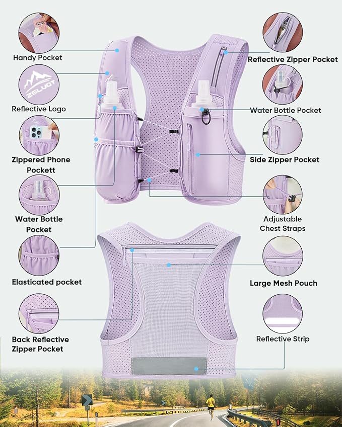 Zelvot Running Vest for Women Men, USA Original Patent, Adjustable Chest Straps Running Hydration Vest with 500ml Soft Flask, Lightweight Reflective Hydration Backpack for Marathon