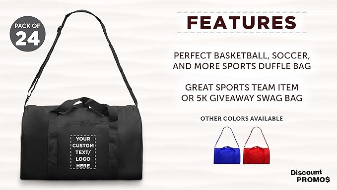 24 Sporty Duffle Bags Set - Customizable Text, Logo - Polyester, Adjustable Strap, Front Pocket, Roll Styling - Black
