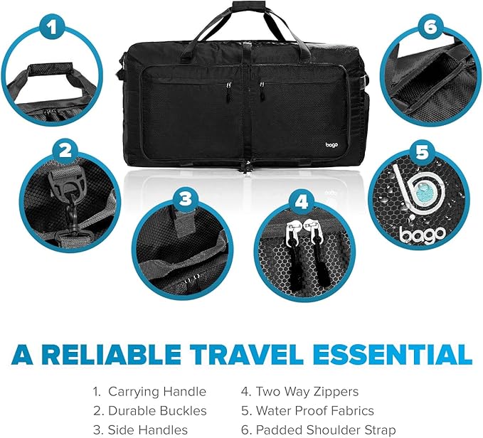 Bago Large Foldable Duffel Bags for Traveling Women & Men - 120L Packable Duffle Bag for Travel with Shoe Compartment - Water Repellant, Heavy Duty, Lightweight Folding & Collapsible (All Black)