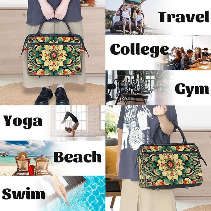 Travel Duffle Bag, Ethnic Mandala Floral Overnight Weekender Tote Bag for Women Men Waterproof Carry On Luggage with Zipper Lightweight Sport Gym Bag for Traveling Yoga Camping Traveling Gifts