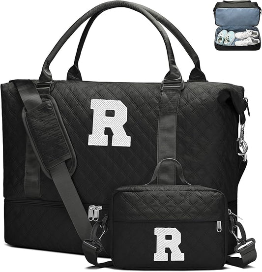 WOOMADA Initial Duffle Bag with Shoe Compartment,Personalized Weekender Bag, Overnight Bag for Women Girls, Gym Bag with Toiletry Bag