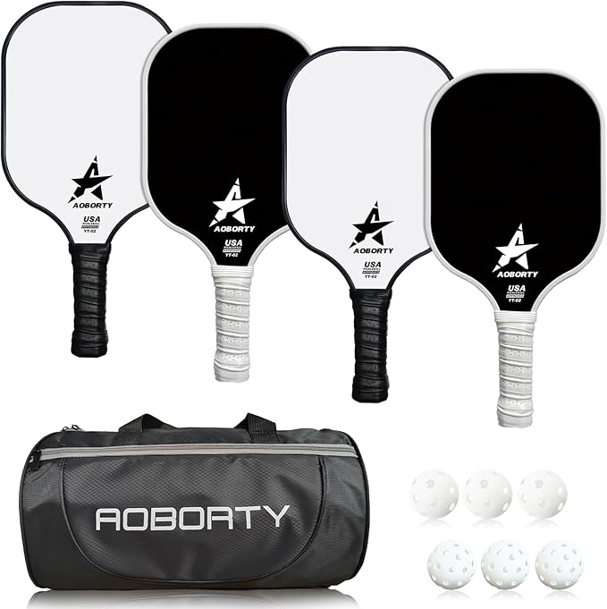 Pickleball Paddles 4 Pack - USAPA Light Graphite Premium Rackets Fiber Face & Polymer Honeycomb Core Pickleball Set with 4 Outdoor Indoor Balls Including Portable Carry Bag
