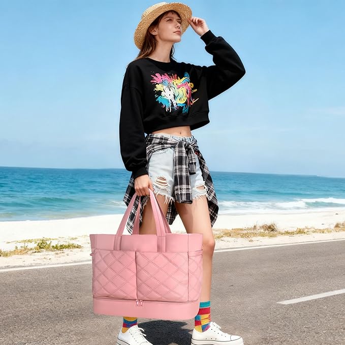 Weekender Bag for Women Men, Large Overnight Bag Faux Leather Travel Duffel Bag with Shoe Compartment Toiletry Packing Cube Carry On Bag Fit 21" Laptop 3Pcs Set (2PCS Pink)