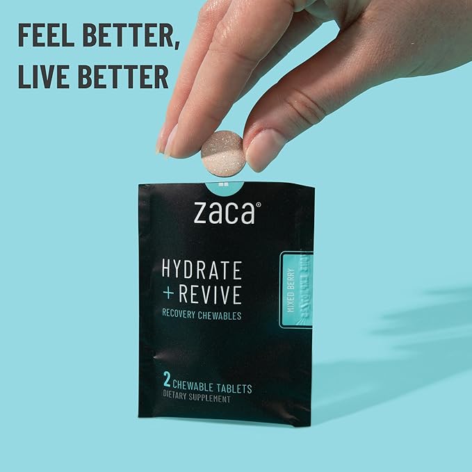 Zaca Recovery Chewable Supplement | Hydrate + Revive | Party, Travel, Exercise & Altitude | Non-Sugar & Non-Gluten | Mixed Berry, 2 Packets = 4 Tablets