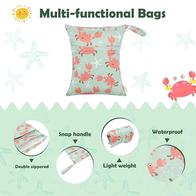 ALVABABY 3pcs Cloth Diaper Wet Dry Bags Waterproof Reusable with Two Zippered Pockets Travel Beach Pool Daycare Soiled Baby Items Yoga Gym Bag for Swimsuits or Wet Clothes 3L-ZM15A