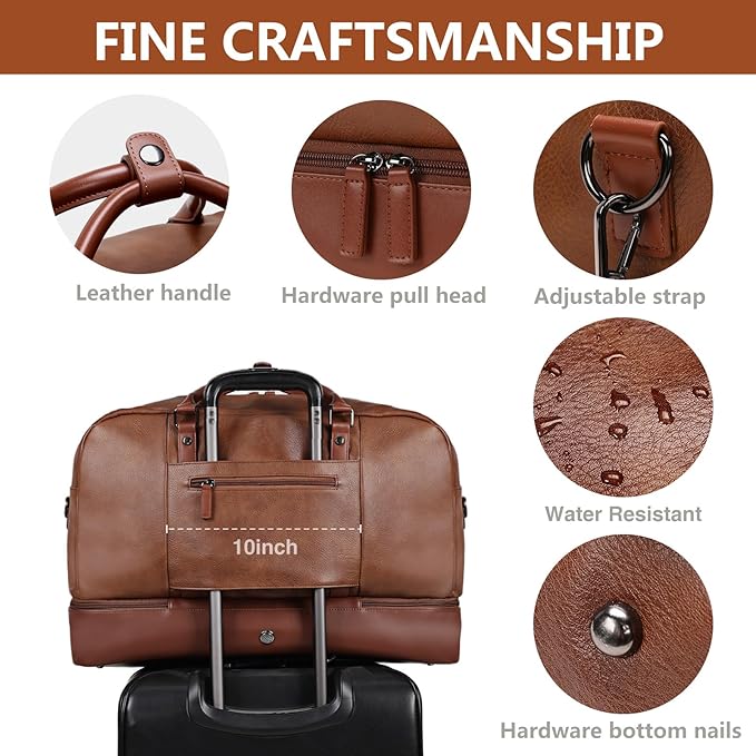 Weekender Bag for Women Men, Large Overnight Bag Faux Leather Travel Duffel Bag with Shoe Compartment Toiletry Packing Cube Carry On Bag Fit 21" Laptop 3Pcs Set (4PCS Brown)