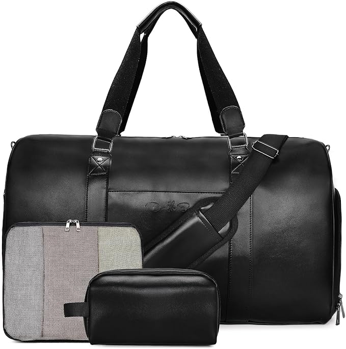 3-in-1 Leather Duffle Bag with Toiletry and Shoe Compartment, Weekender Overnight Gym Bag for Men and Women, Carry On Fits Most 15.6 Inch Laptops(Black)