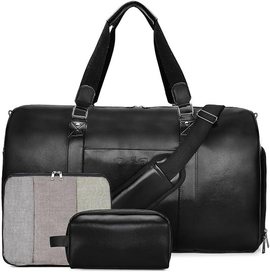 3-in-1 Leather Duffle Bag with Toiletry and Shoe Compartment, Weekender Overnight Gym Bag for Men and Women, Carry On Fits Most 15.6 Inch Laptops(Black)