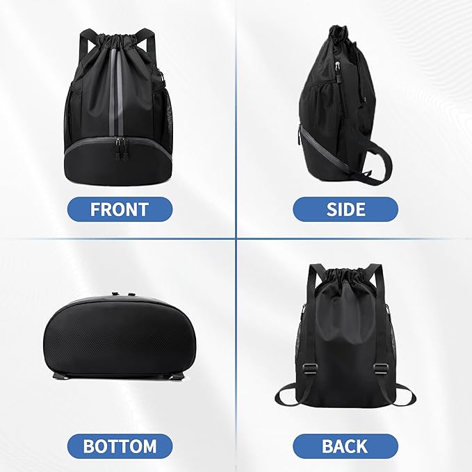 Drawstring Backpack Gym Bag with Shoes Compartment for Soccer, Basketball, Swim, Water-Resistant String Backpack Beach Cinch for Women Men, Black, Medium