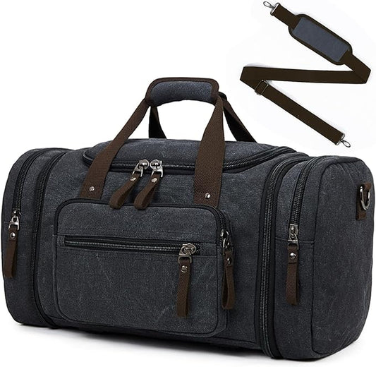 Expandable Canvas Travel Duffle Bag for Men, 35-40L Vintage Overnight Weekender Bag with Multi-pocket, Black