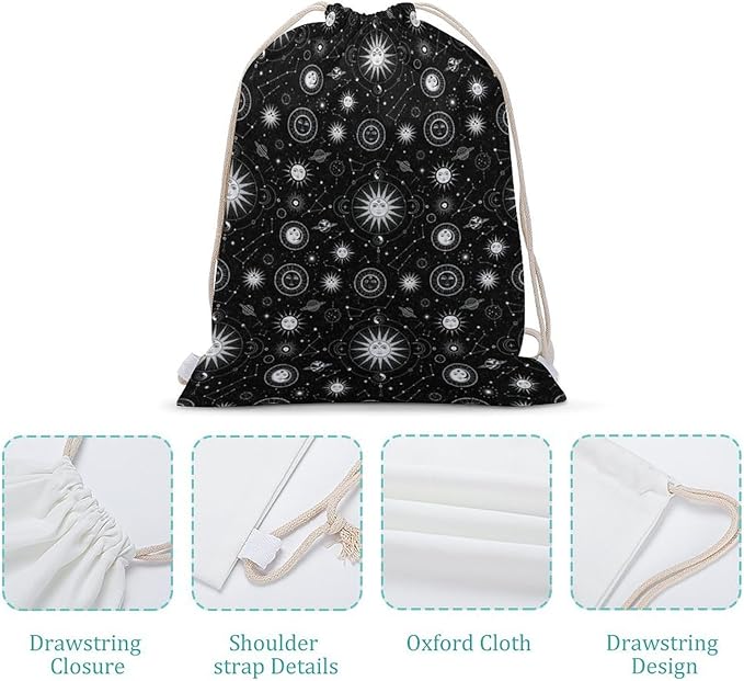 Canvas Drawstring Backpack for Men Women Lightweight Workout Gym Storage Bag, Sun Moon Star Constellation Art Funny Drawstring Bags for Travel Sport