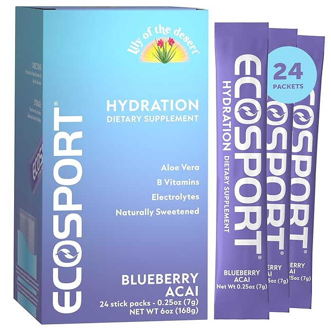 Lily of the Desert EcoSport Instant Hydration Packets - Naturally Sweetened with Electrolytes, Vitamin C, B Vitamins & Aloe, Blueberry Acai, 24 Count, 0.25 Oz Ea