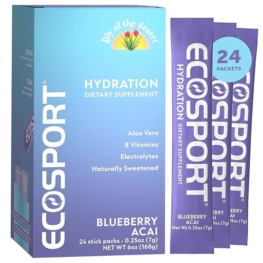 Lily of the Desert EcoSport Instant Hydration Packets - Naturally Sweetened with Electrolytes, Vitamin C, B Vitamins & Aloe, Blueberry Acai, 24 Count, 0.25 Oz Ea