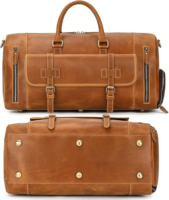 Leather Duffel Bag 20 Inch Full Grain Leather Travel Overnight Weekend Bag for Men and Women, 9802 Light Brown
