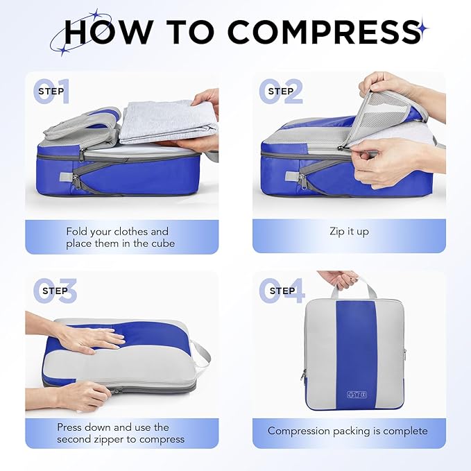 8 Set Compression Packing Cubes for Travel Essentials,Compressible Expandable Packing Cubes for Suitcase,OlarHike Luggage Organizer Bags for Travel,Handy Helper for Organizing Clothes(Klein Blue)