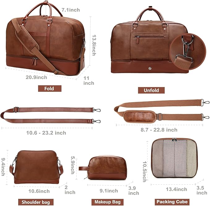 Weekender Bag for Women Men, Large Overnight Bag Faux Leather Travel Duffel Bag with Shoe Compartment Toiletry Packing Cube Carry On Bag Fit 21" Laptop 3Pcs Set (4PCS Brown)