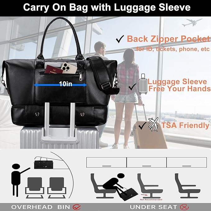 weiatas Faux Leather Travel Duffel Bag for Women Men, Large Weekender Overnight Bag with Shoes Compartment, Waterproof Carry On Bag Travel Tote Bag Gym Bag with Luggage Strap (Black)