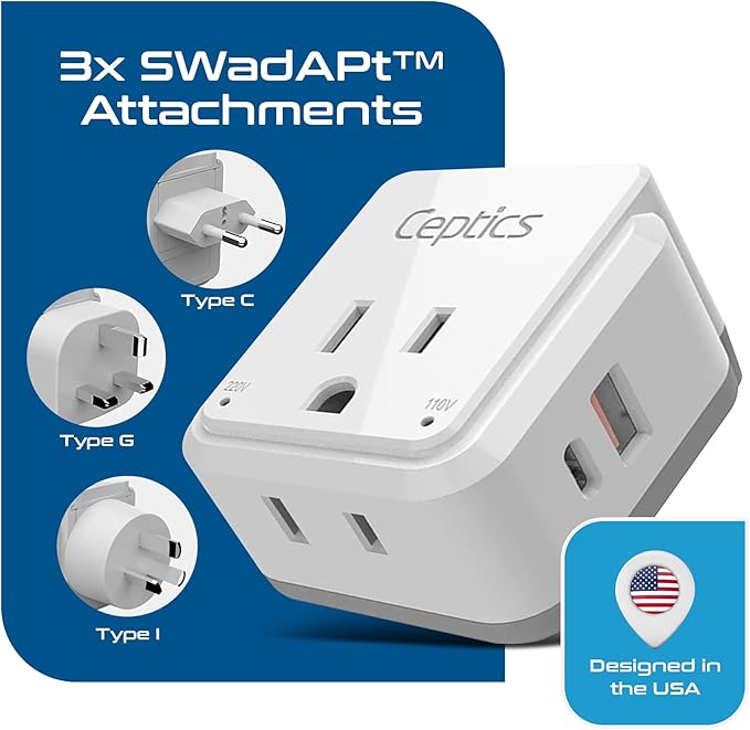 Ceptics China, Malaysia Power Adapter Travel Set, 20W PD & QC, Safe Dual USB & USB-C 3.1A–2 USA Outlet - Compact-Use in Hong Kong, Kuwait, Singapore, Iraq - Includes Type G, I, C SWadAPt Attachments