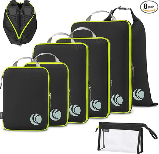Cipway Compression Packing Cubes, Lightweight Travel Luggage Organizers with Shoe, Toiletry & Laundry Bags, Travel Essentials for Carry-on Suitcase (8 Piece, Black)