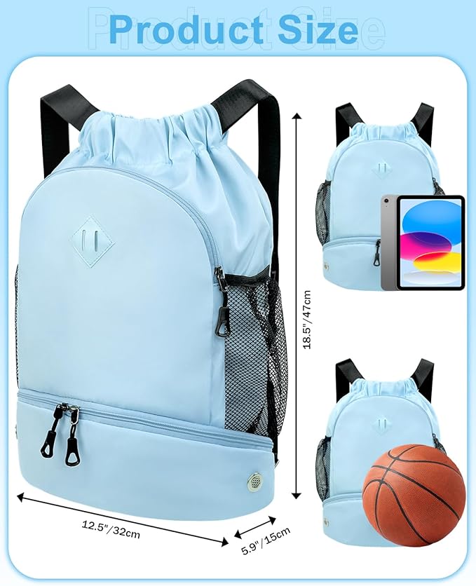 Drawstring Backpack Gym Backpack with Shoe Compartment for Men Women String Sports Bag with Wet Pocket Cinch Swim Beach Bag, Blue (Patent Pending)