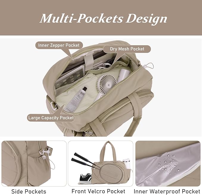 Tennis Racket Bag, Tennis Bags for Women, Quilted Sling Crossbody Backpack with Hook, Water Resistant Tennis Racket Cover for Pickleball, Racketball