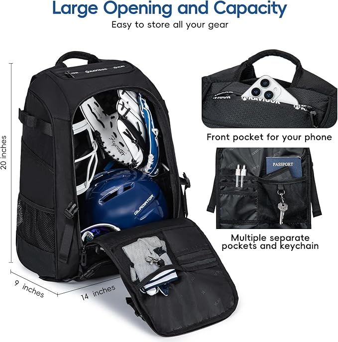 Baseball Bag for Youth and Adult, Softball Backpack 50L Large Capacity, Equipment Backpack with Laptop Compartment and Charge Port